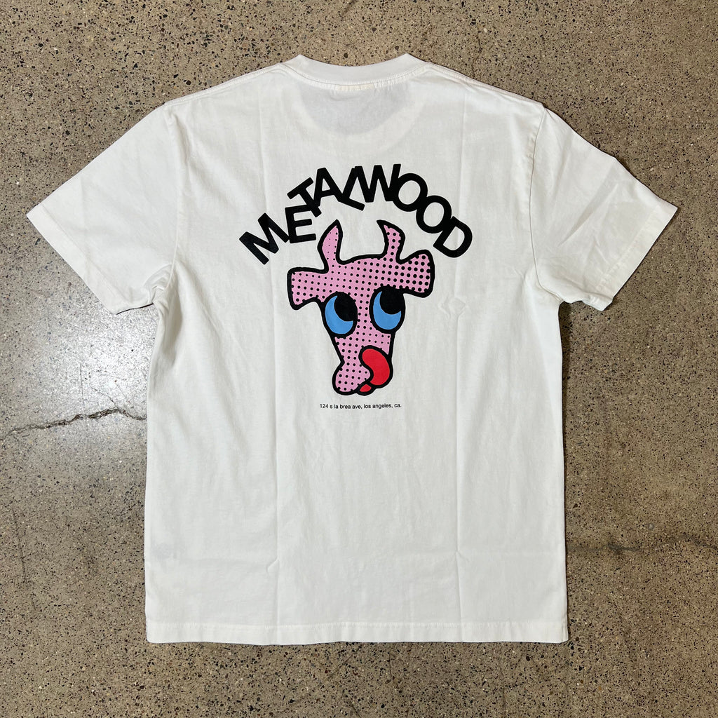 BACK SIDE WHITE TEE WITH JUMBLED METALWOOD LOGO AND POP COW ART PRINTED ON BACK