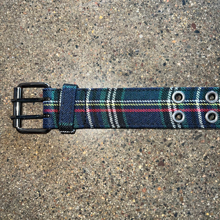 LOOSEY BELT IN BLUE GREEN BLACK WHITE PLAID PATTERN SILVER CLASP