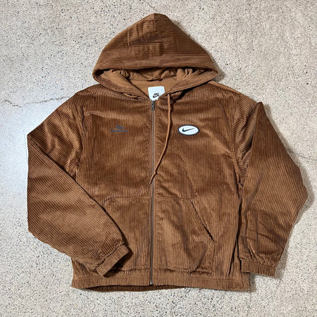 NIKE SB BROWN CORDUROY ZIP HOODED JACKET WITH EMBROIDERED LOGO AND SWOOSH PATCH