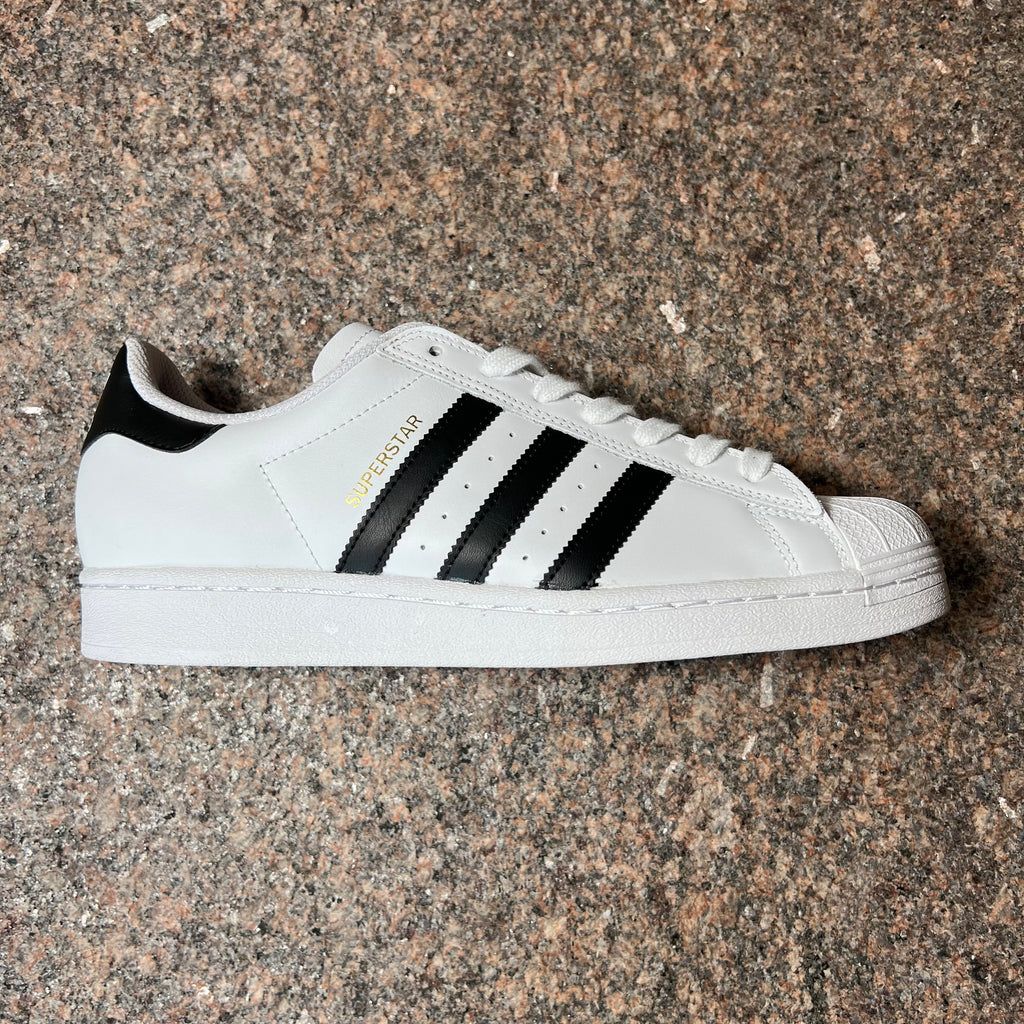 ADIDAS SUPERSTAR RUBBER SHELL TOE SHOE IN WHITE LEATHER AND WHITE SOLE WITH BLACK STRIPE ACCENTS 