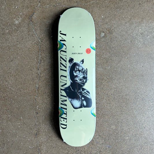 Full image of Jacuzzi skateboard deck.
Rhino masted Xerox style art with wheel wells and John Dilo text 