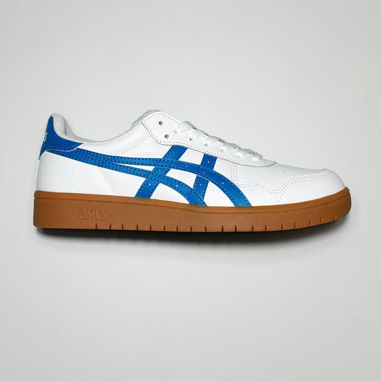 Side image of right shoe. 
White leather with blue logo detail and gum outsole.