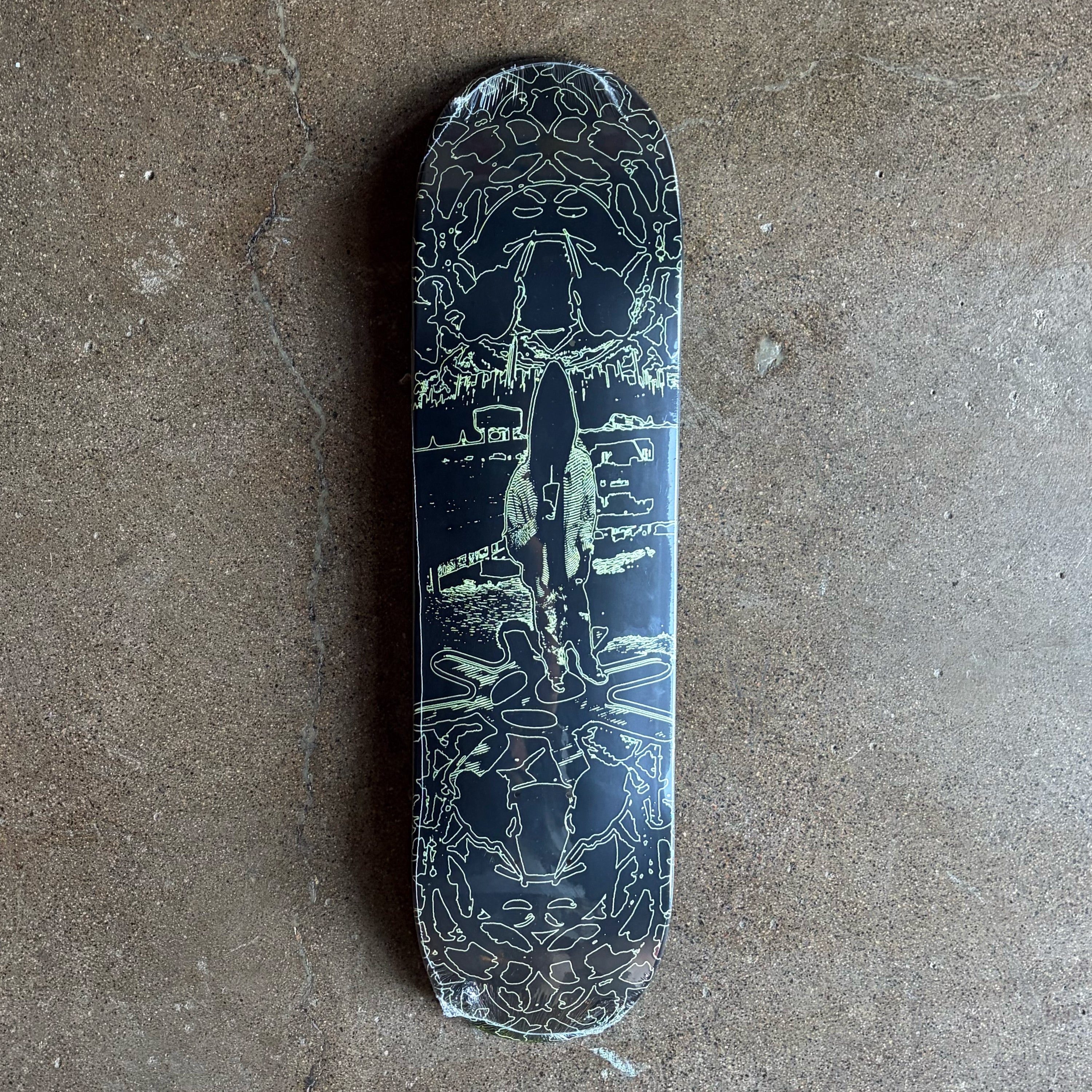 Full image of Limosine Skateboard deck.
Cartoon art in glow in the dark ink. 