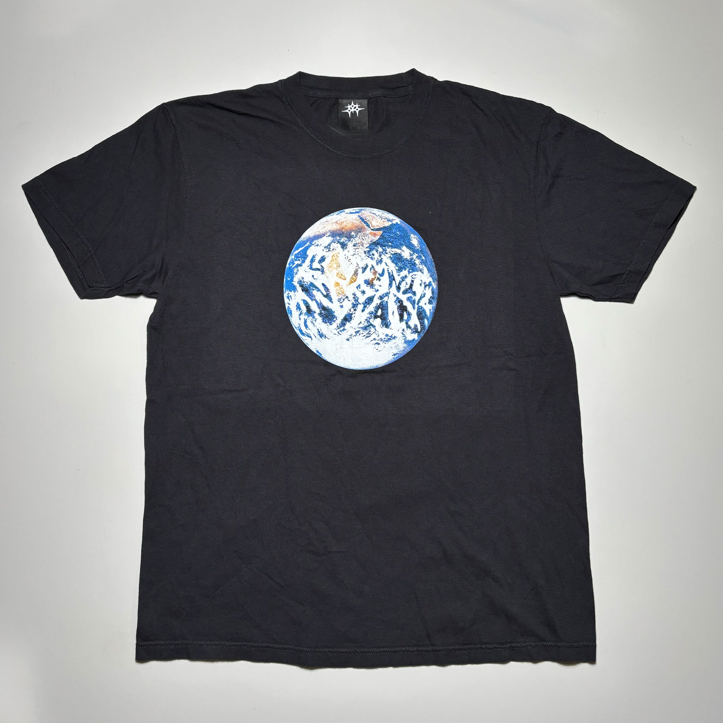 Full image of black tee with printed art on front.