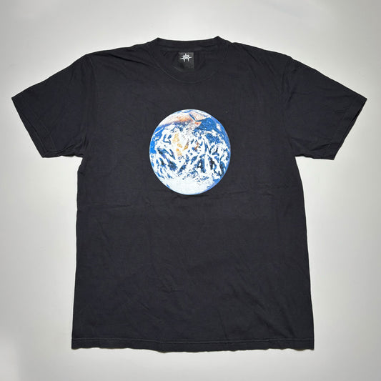 Full image of black tee with printed art on front.