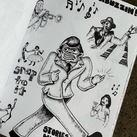 Detail page of various black/white art sketches.