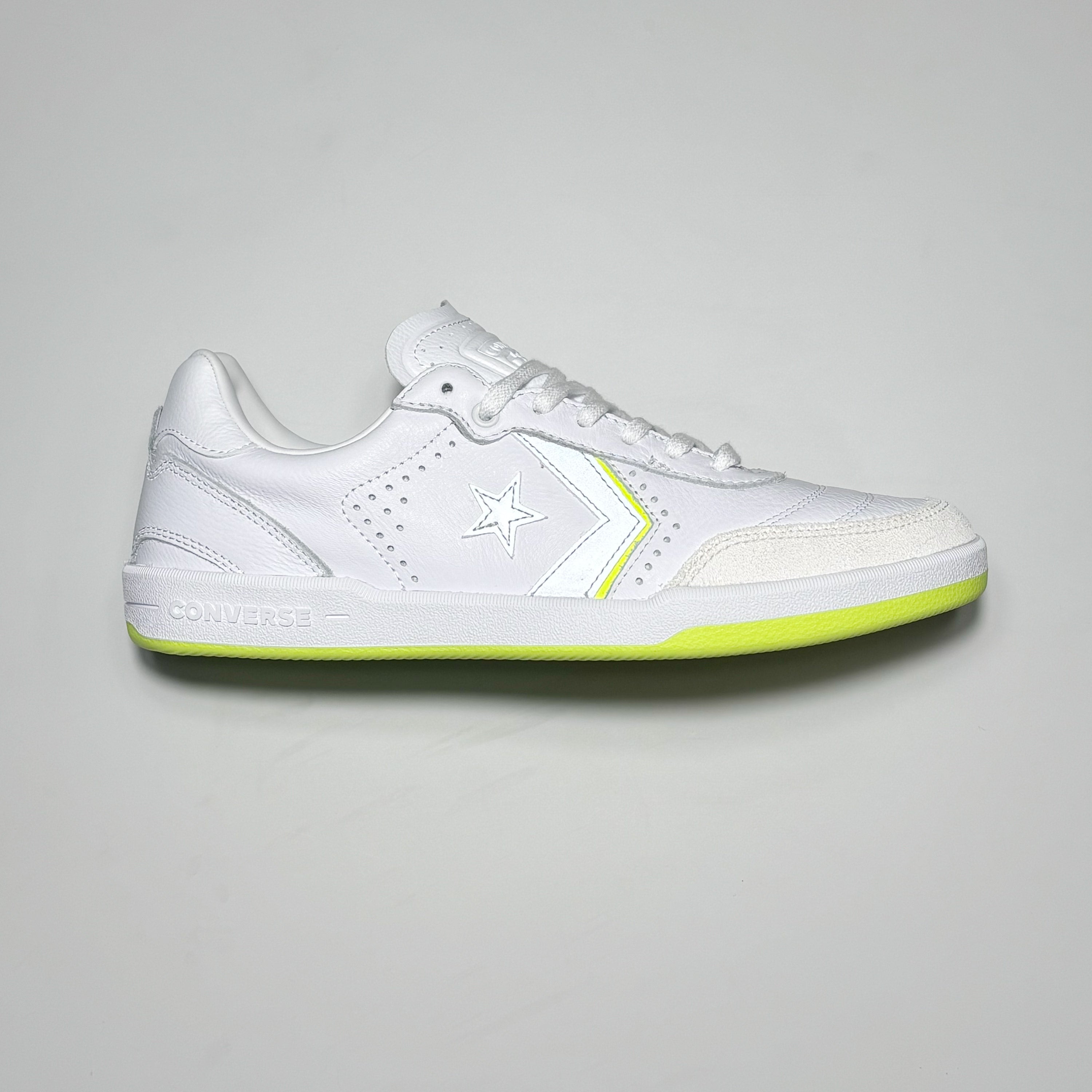 White leather with suede toe and 3M reflective branding.