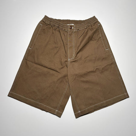Front image of brown short with white contrast stitching
