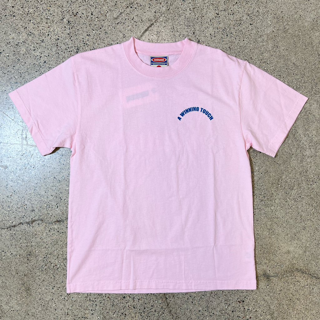 FONT SIDE PINK T-SHIRT, BLUE FONT THAT READS 