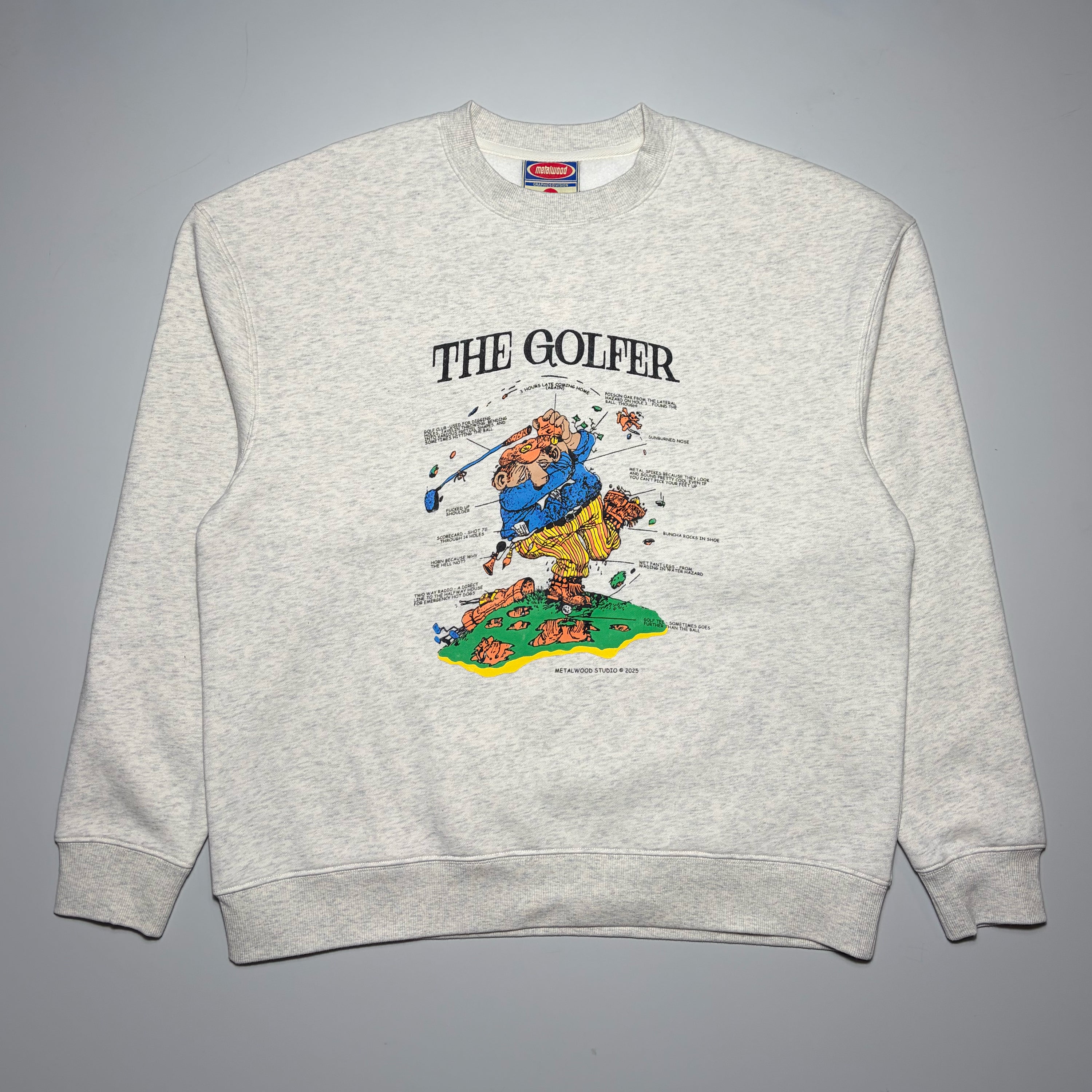 Full image of heather grey sweatshirt. 
Art printed on chest.