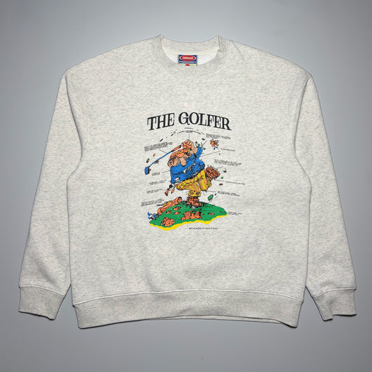 Full image of heather grey sweatshirt. 
Art printed on chest.