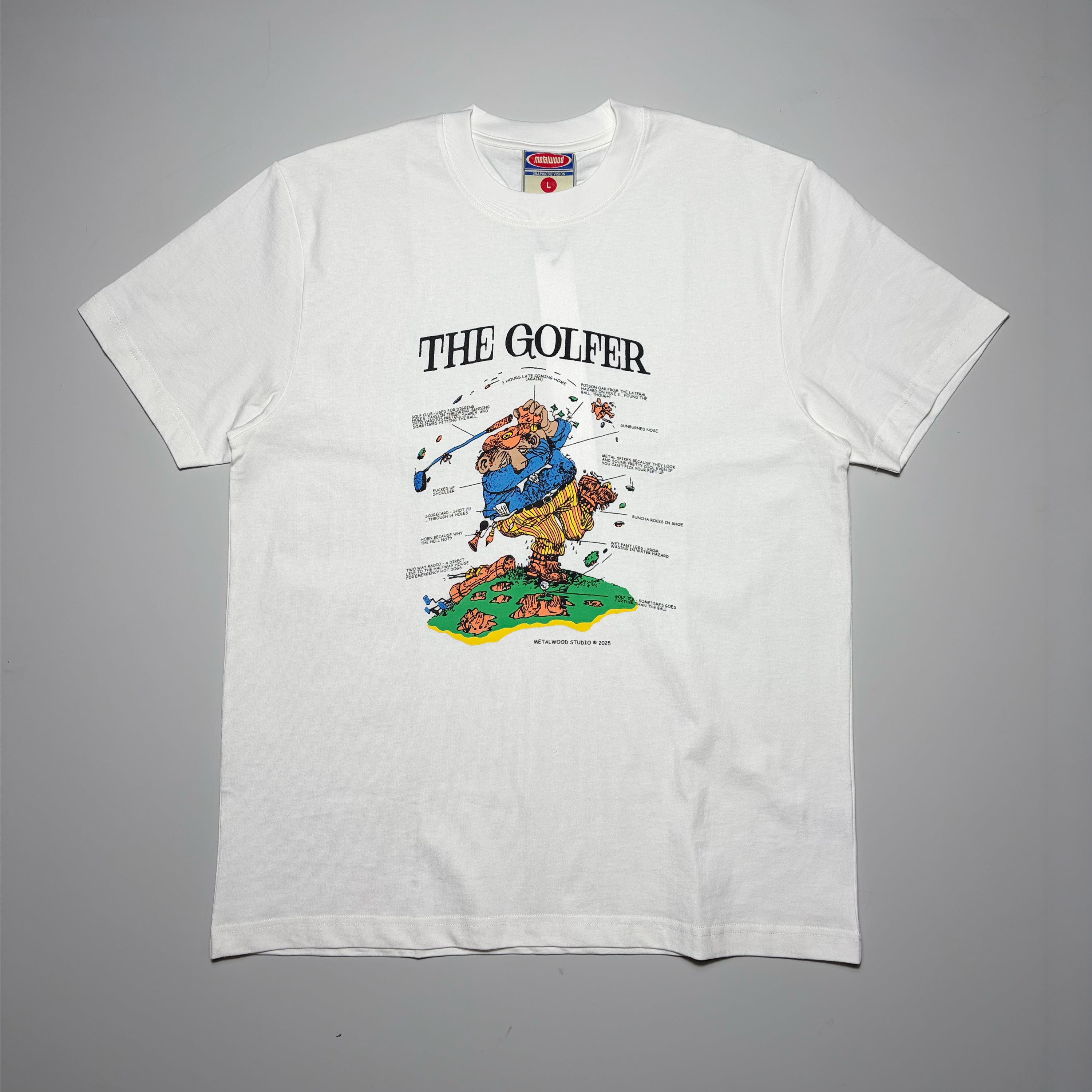 Full image of white tee with art printed on chest.