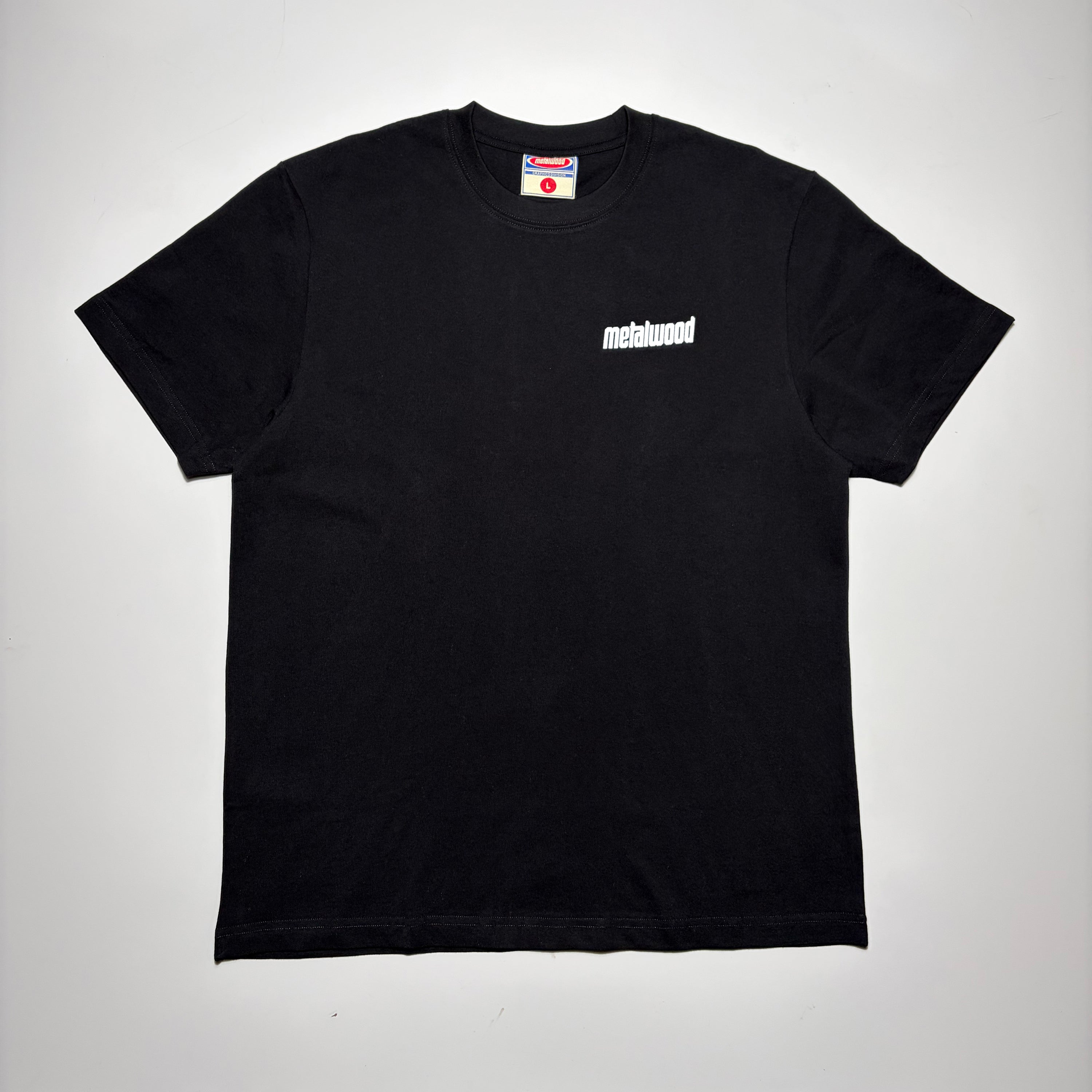 Full image of black tee with white printed logo on chest.