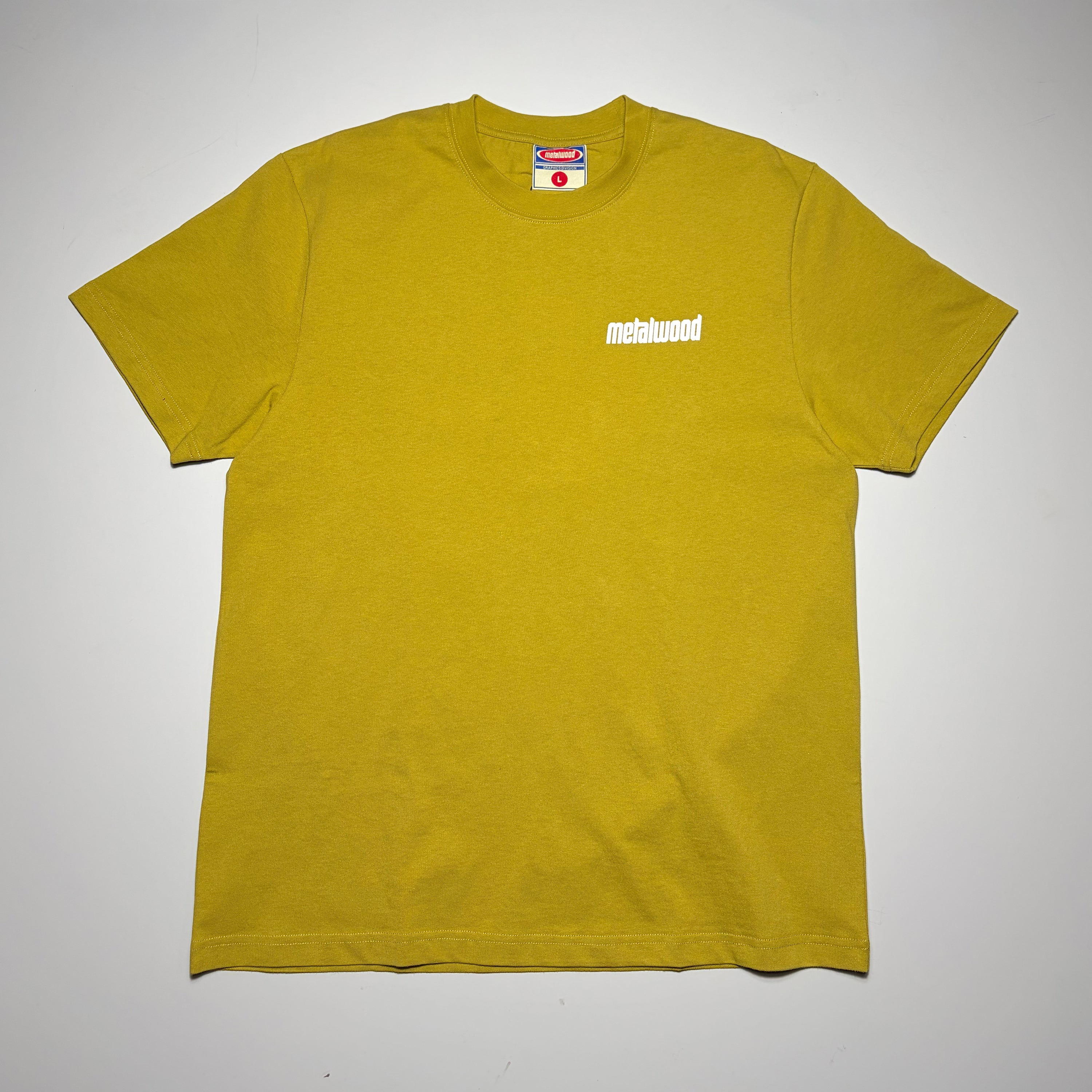 Full image of yellow tee with white printed logo on chest.