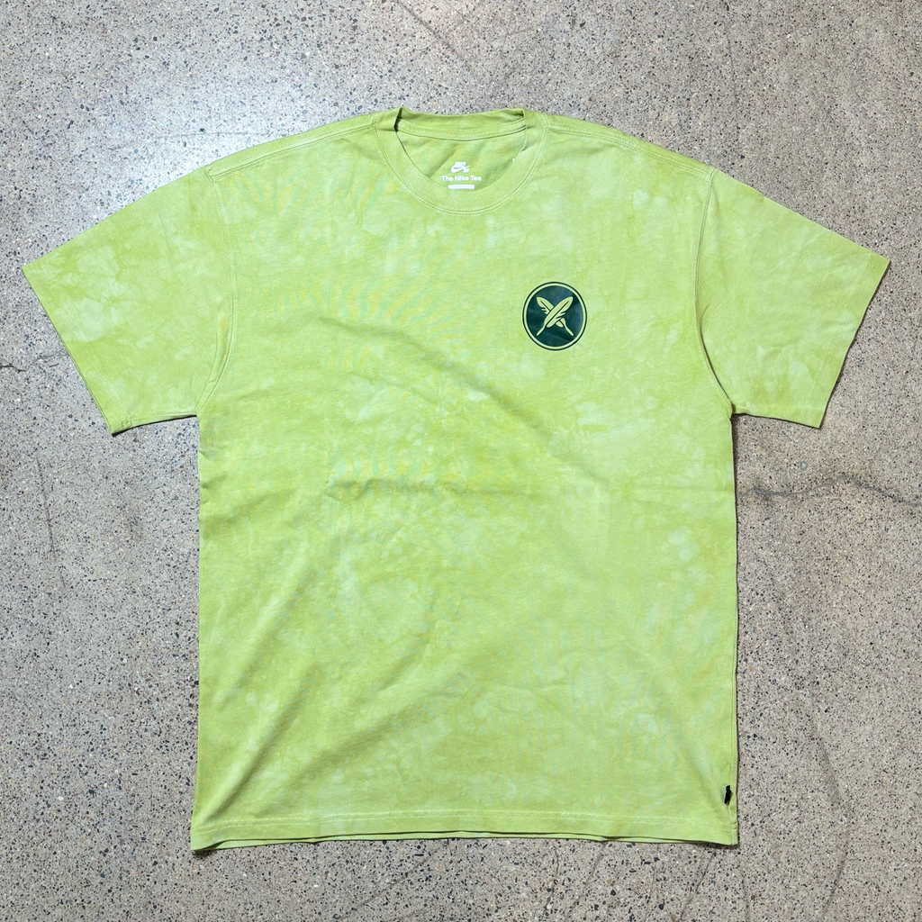 Full image of green dyed tee with Yuto crest printed on left chest.