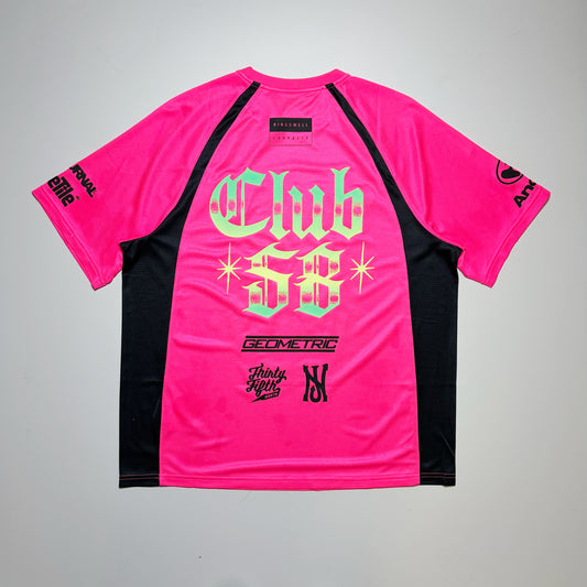 Full back detail, Nike SB FC Club 58 jersey. Club 58 printed text on back in green to yellow gradient.