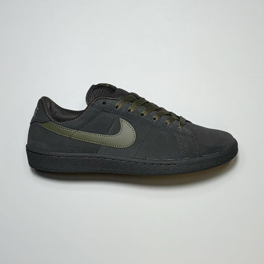 Right side image, Nike SB Zoom Tennis Classic shoe. Pewter grey and olive swoosh.