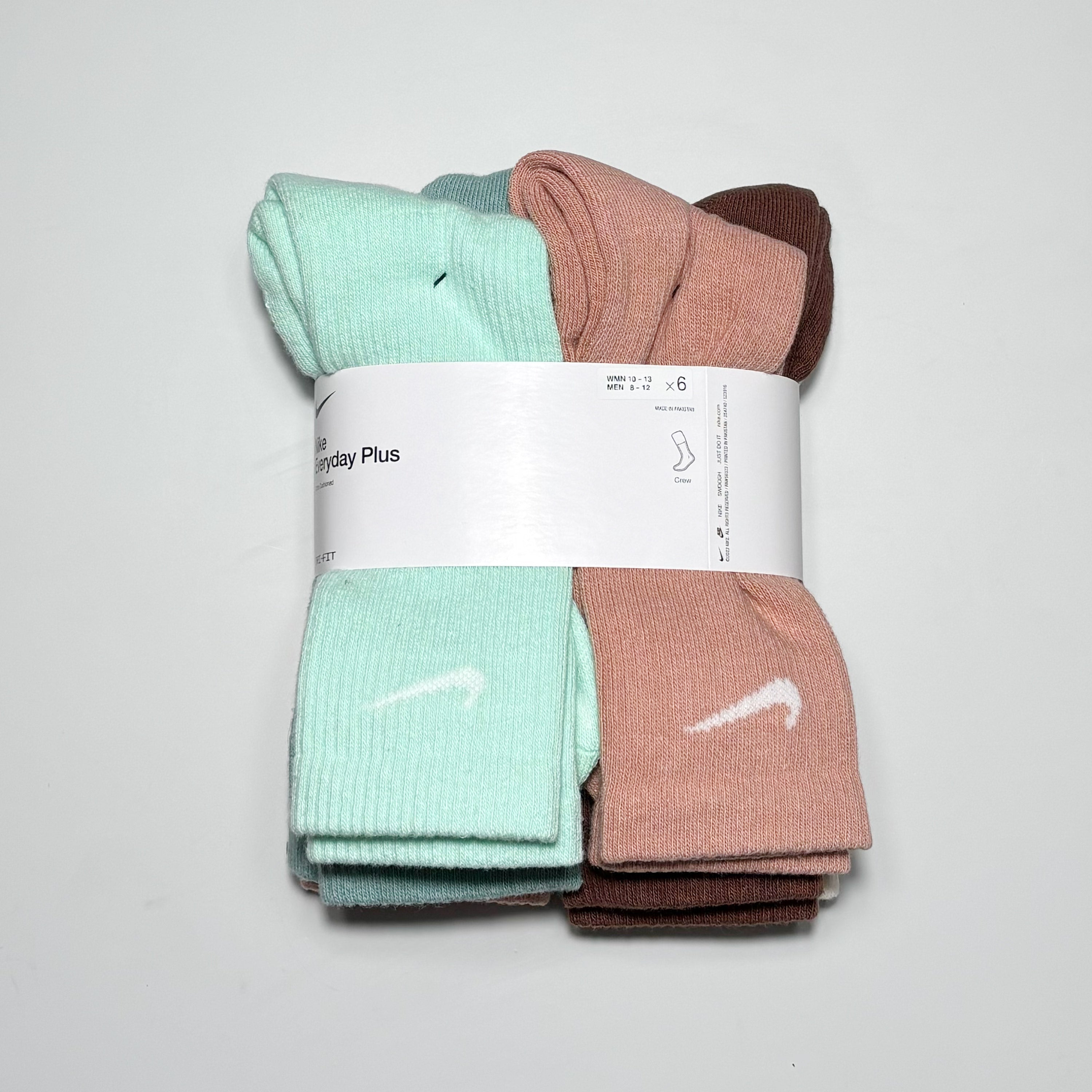 Packaged 6-pack of multi-colored socks