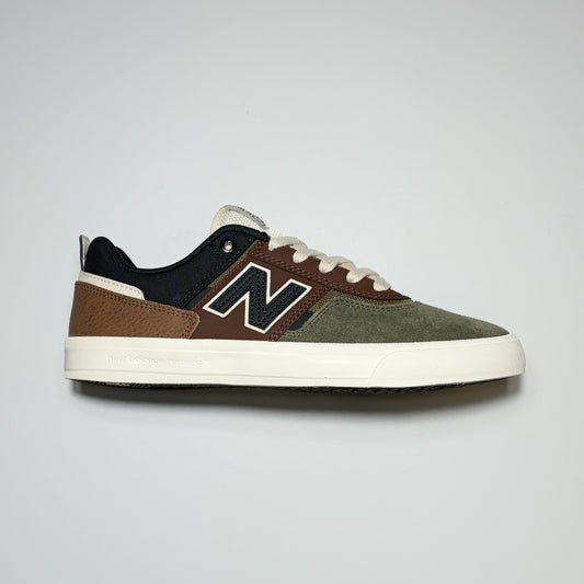 Right side image, New Balance Numeric NM306 Jamie Foy Pro Model footwear in green/brown suede. "N" branding on mid-panel. 