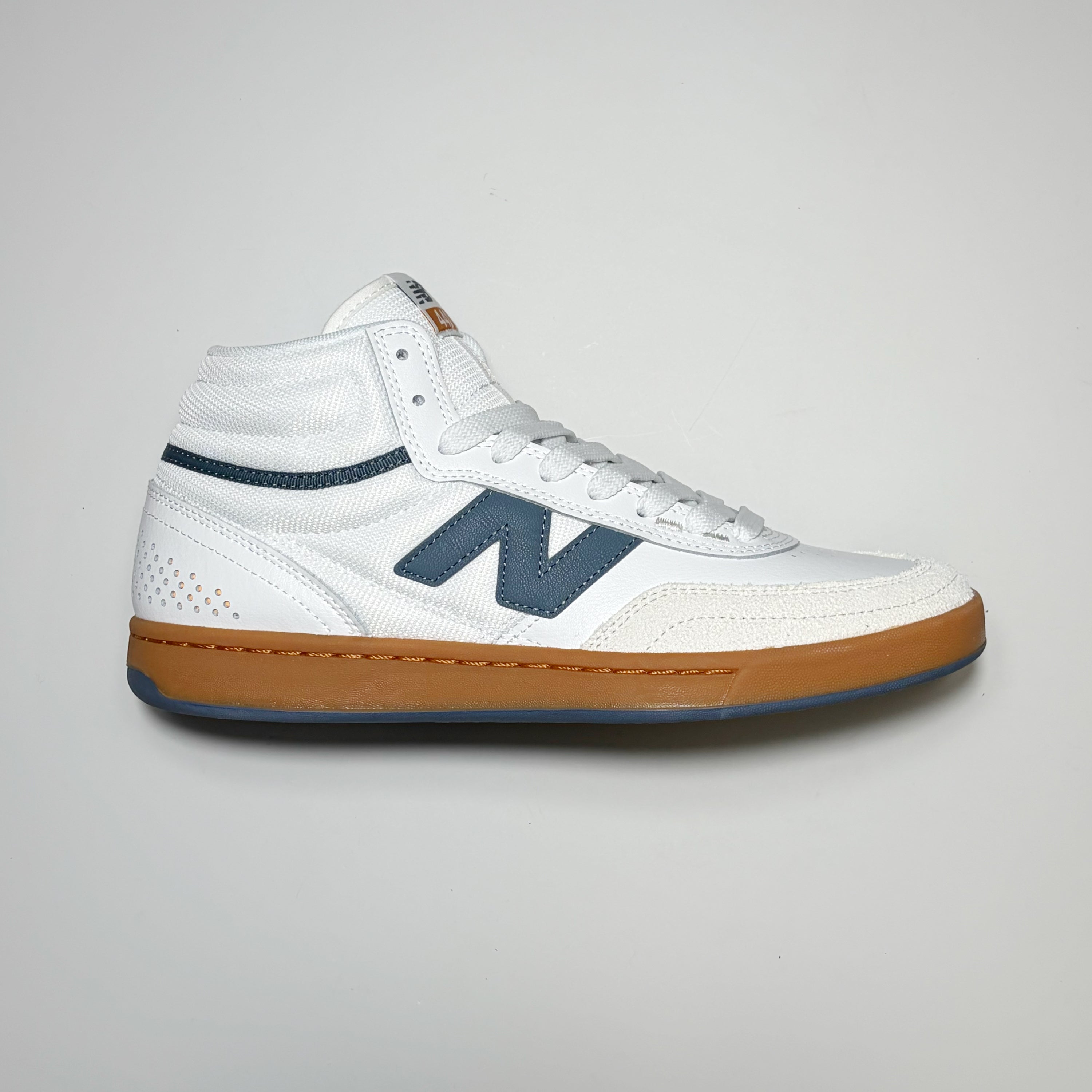 Right side image, New Balance Numeric NM440 High V2 in white suede with gum outsole. 