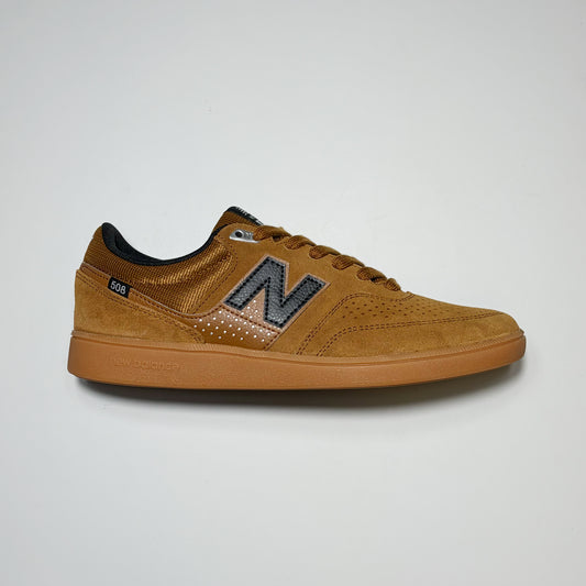 Right side image, New Balance Numeric NM508 Brandon Westgate shoes. Brown suede with gum outsole.