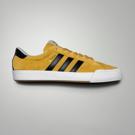 Side view of right shoe. 
Yellow suede with black stripes and white outsole.