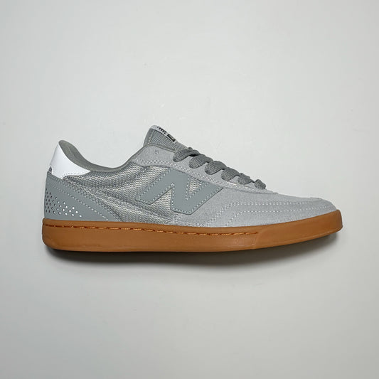Right side image, New Balance Numeric NM40 V2 low top sneaker. Grey suede with tonal 'N' and gum outsole.