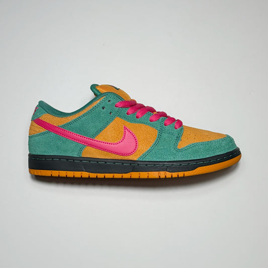 Right side image of Nike SB Dunk Low Pro green noise/watermelon shoe.
Green, tumeric brown and pink colors