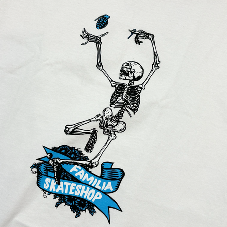 Close detail of printed skeleton art. Grenade and ribbon details in blue