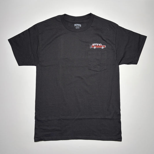 Front image of black pocket tee with red wagon printed on chest above pocket. 