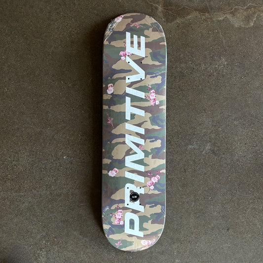 Full image of camo with cherry blossom flowers throughout deck and primitive font in white.