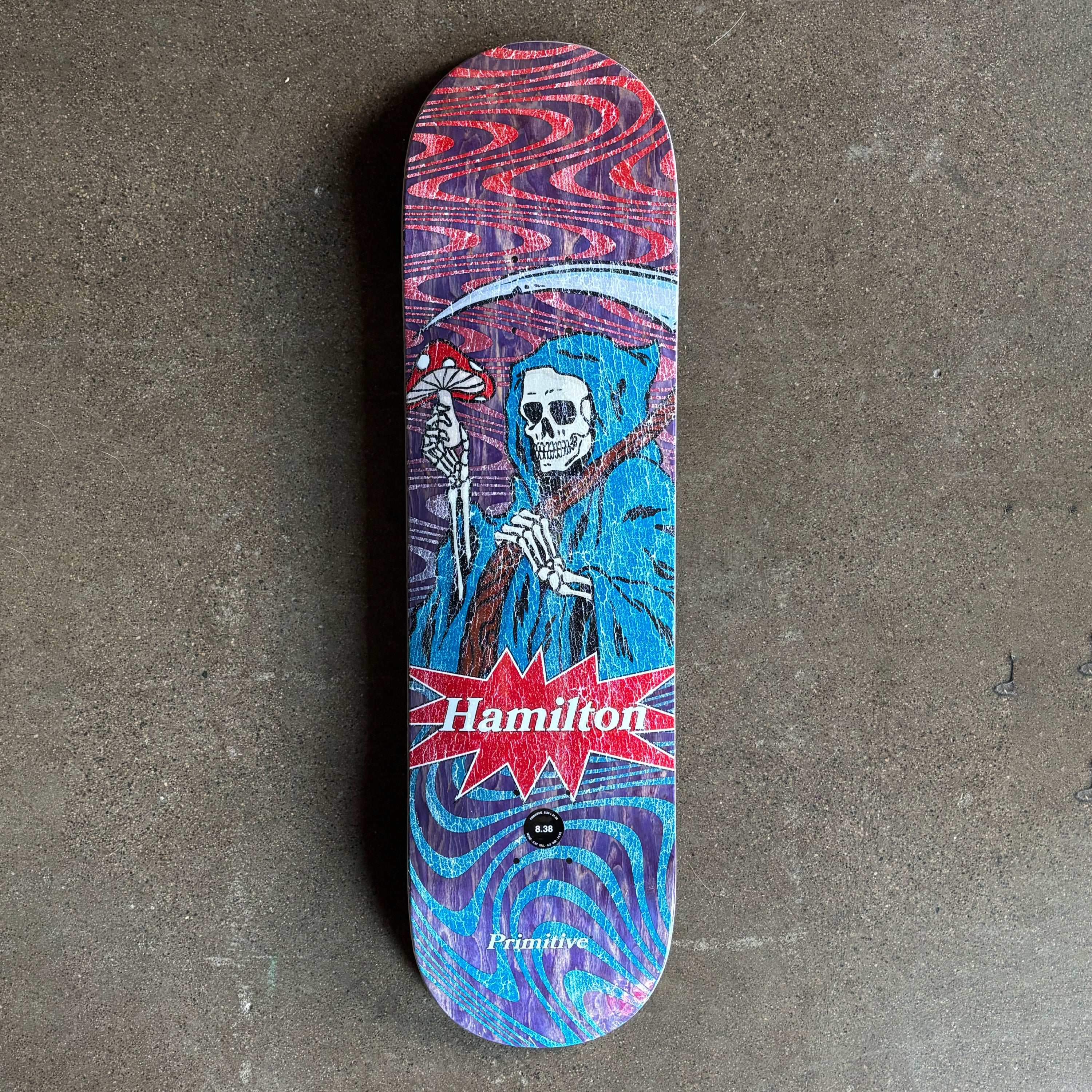 Full image of cartoon grim reaper with trippy wave art.