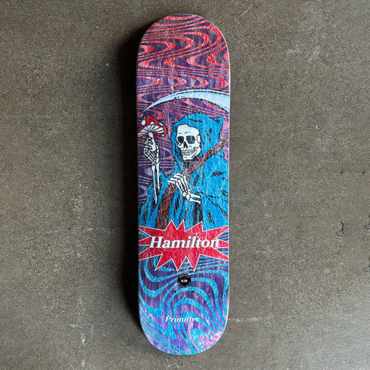 Full image of cartoon grim reaper with trippy wave art.
