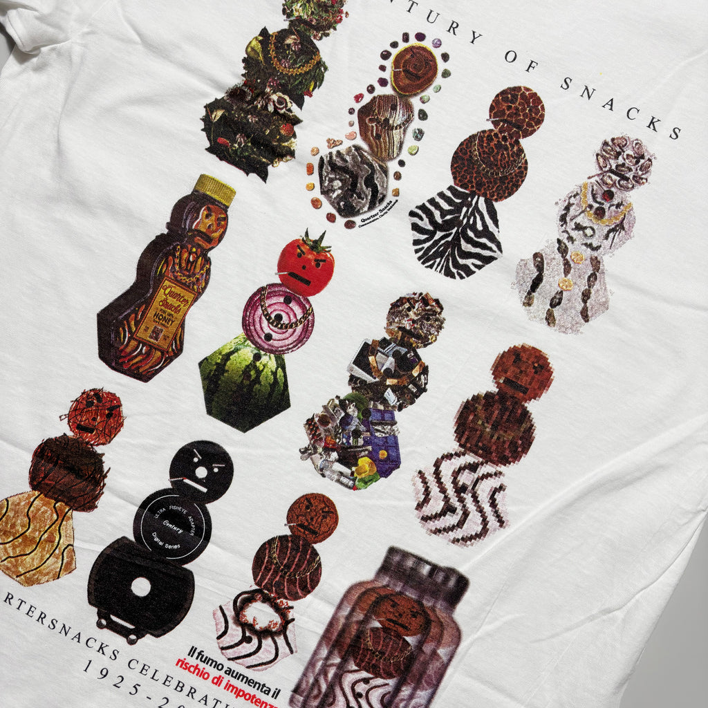 Close detail of snackman art printed on back.
