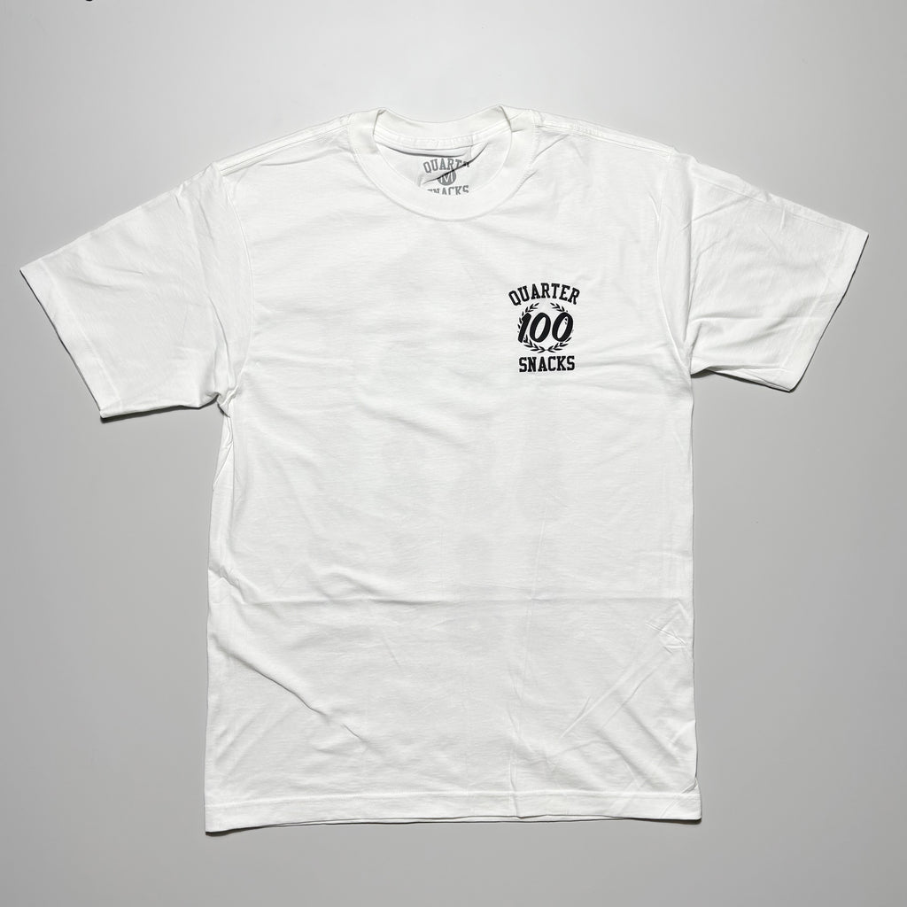 Front image of white tee with art printed on chest.