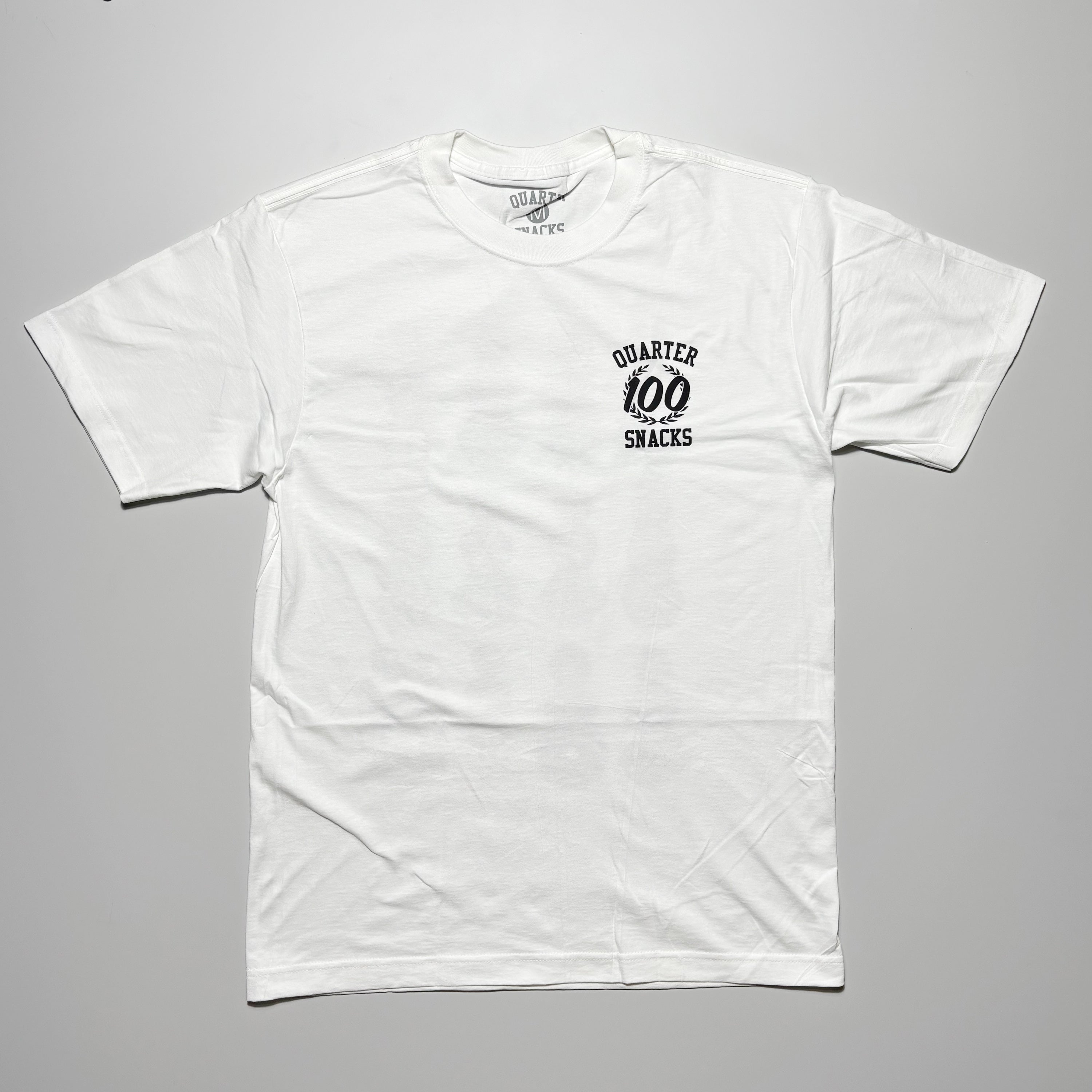 Front image of white tee with art printed on chest.