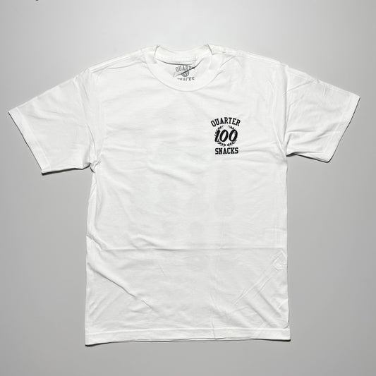 Front image of white tee with art printed on chest.