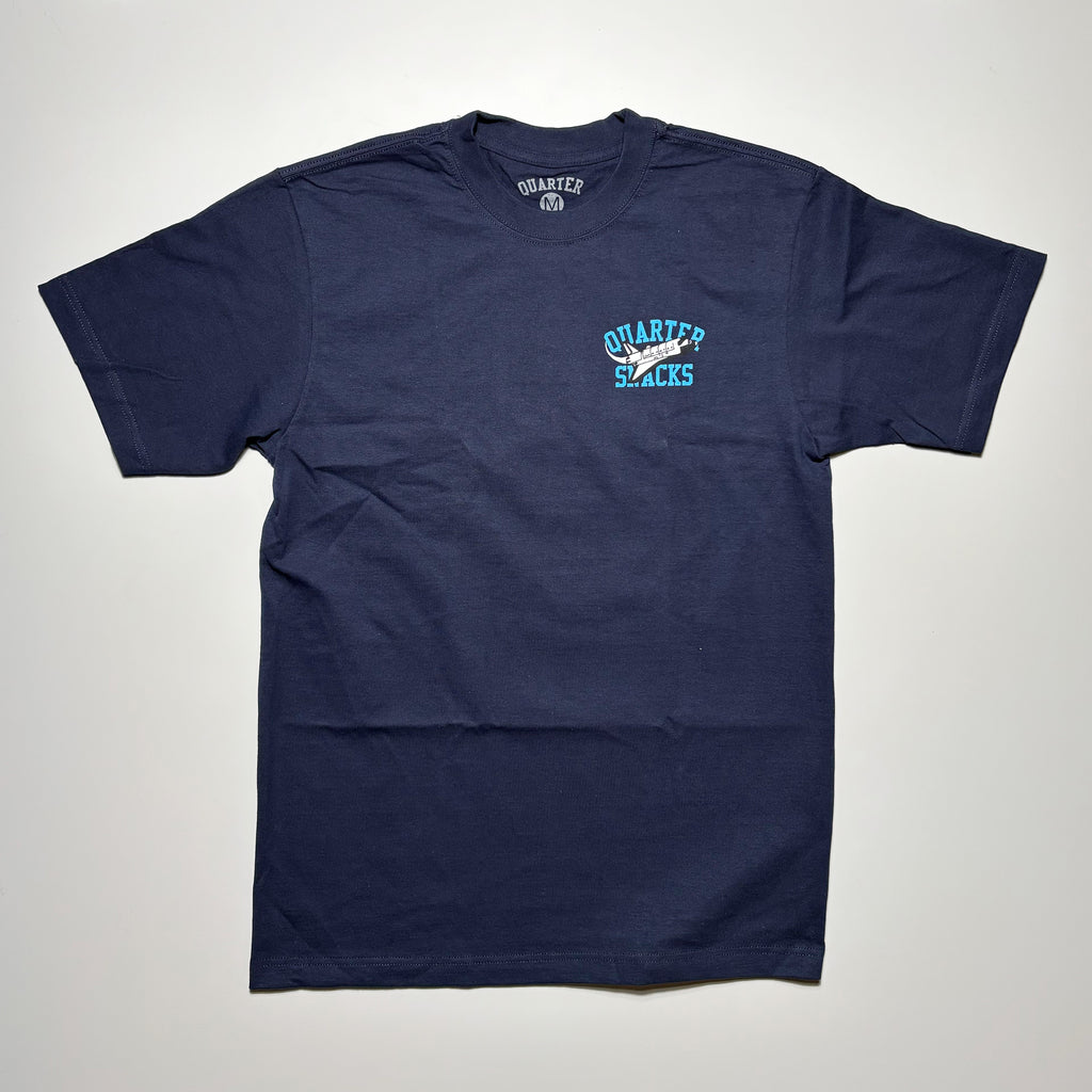 Front image of navy tee with art printed on chest.