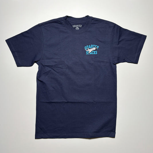 Front image of navy tee with art printed on chest.