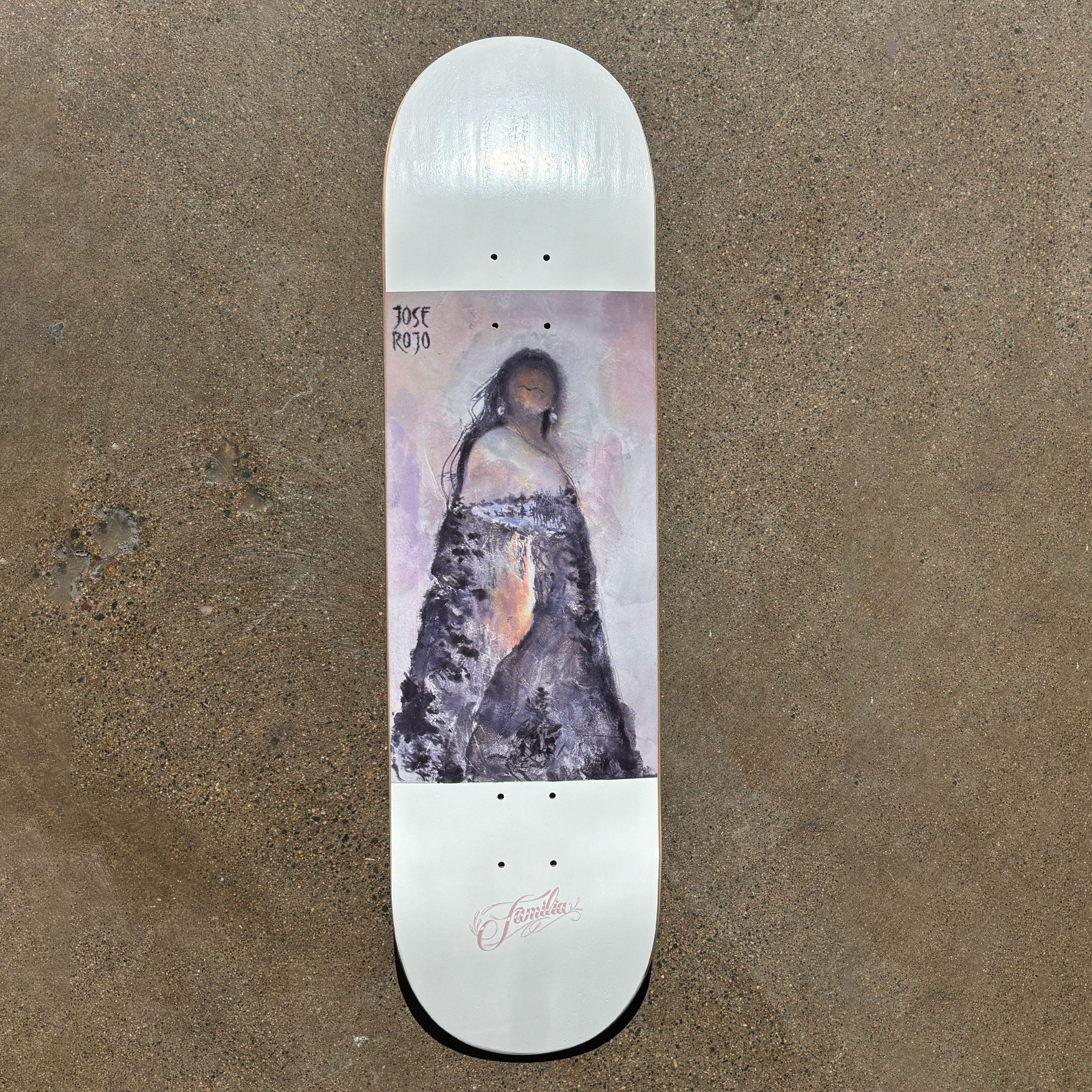 Full image of white deck with art in center.  