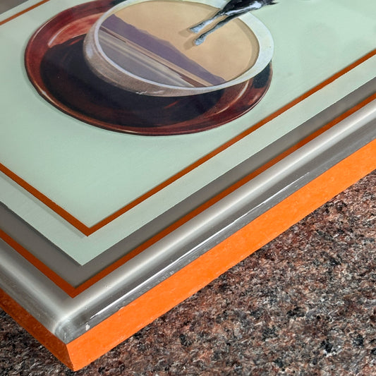 Close detail of the frame edge work. Custom epoxy & resin finish.