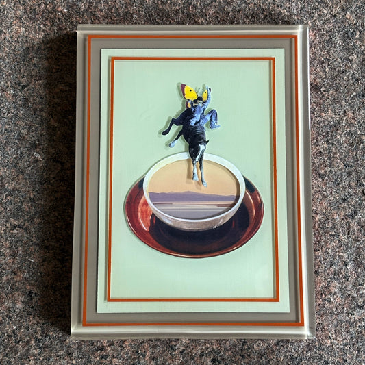 Custom framed collage artwork. Hand poured epoxy resin with frame detail.
