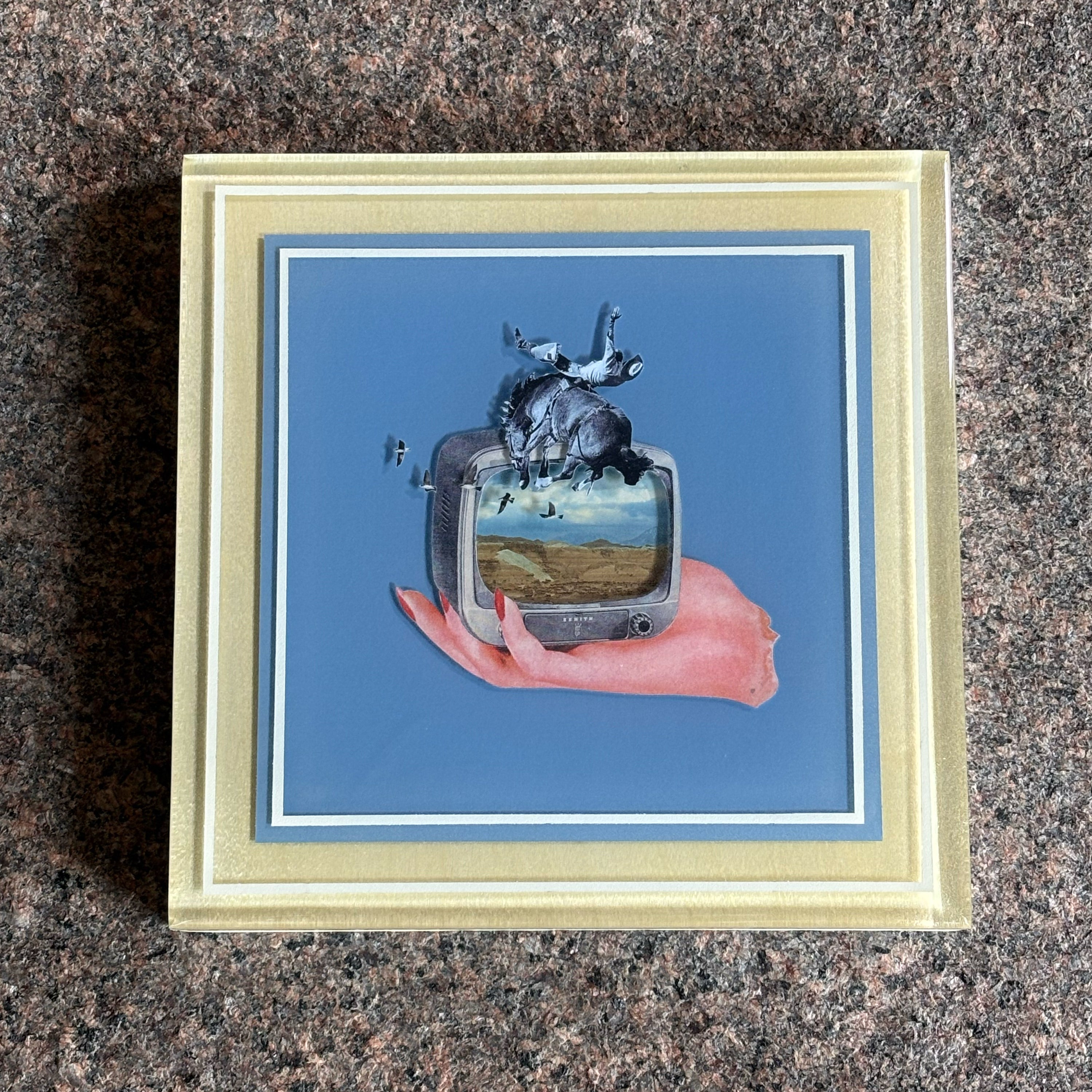 Custom epoxy resin framed artwork with a television set and horse on a blue background. 