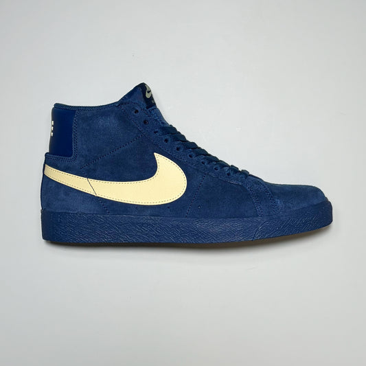 Right side image, Nike SB Zoom Blazer Mid in coastal blue suede with pale yellow swoosh