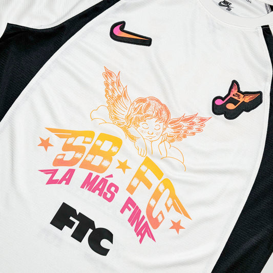 Close detail of Nike SB Club 58 jersey.
SB FC Angel printed text and artwork on front