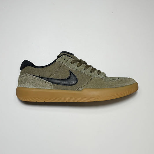 Right side image, Nike SB Force 58 in olive suede with gum sole.