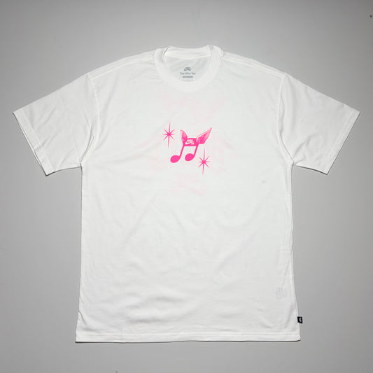 Full front image of white Nike SB FC WC tee. Pink printed art on front.