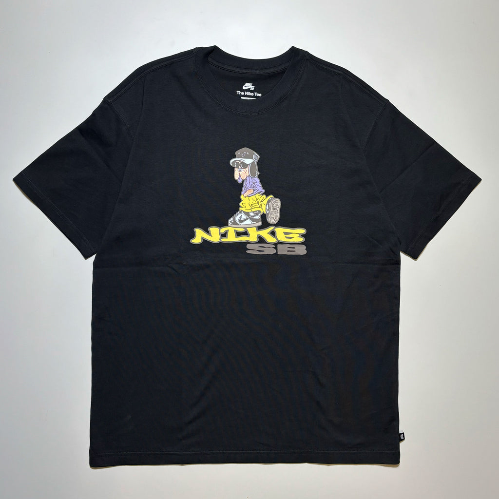 Front image of black tee with printed art on chest.