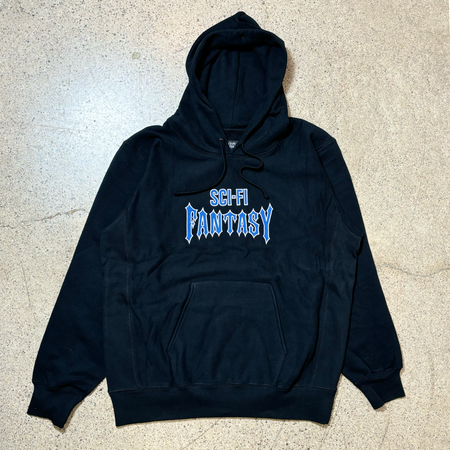 Front image of black hoodie. Sci-fi fantasy font embroidered on chest. 