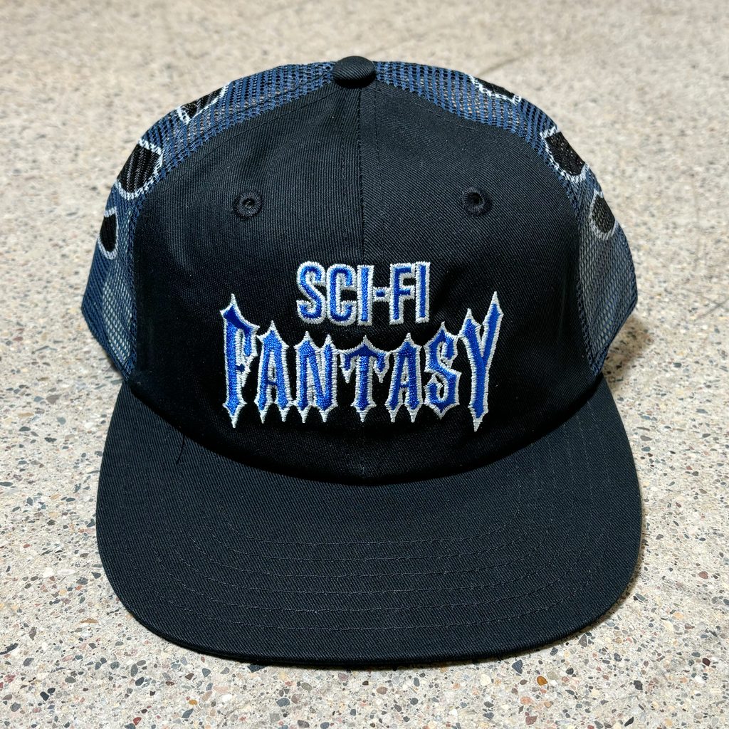 Front image of black hat with blue mesh and blue embroidered logo on crown.